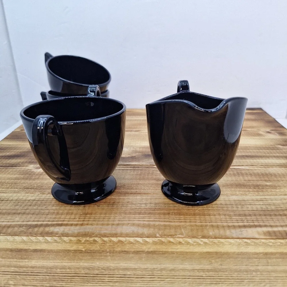 Vintage Black Amethyst Open Sugar And Creamer Set W/‎ 2 Cups 4pc Lot
